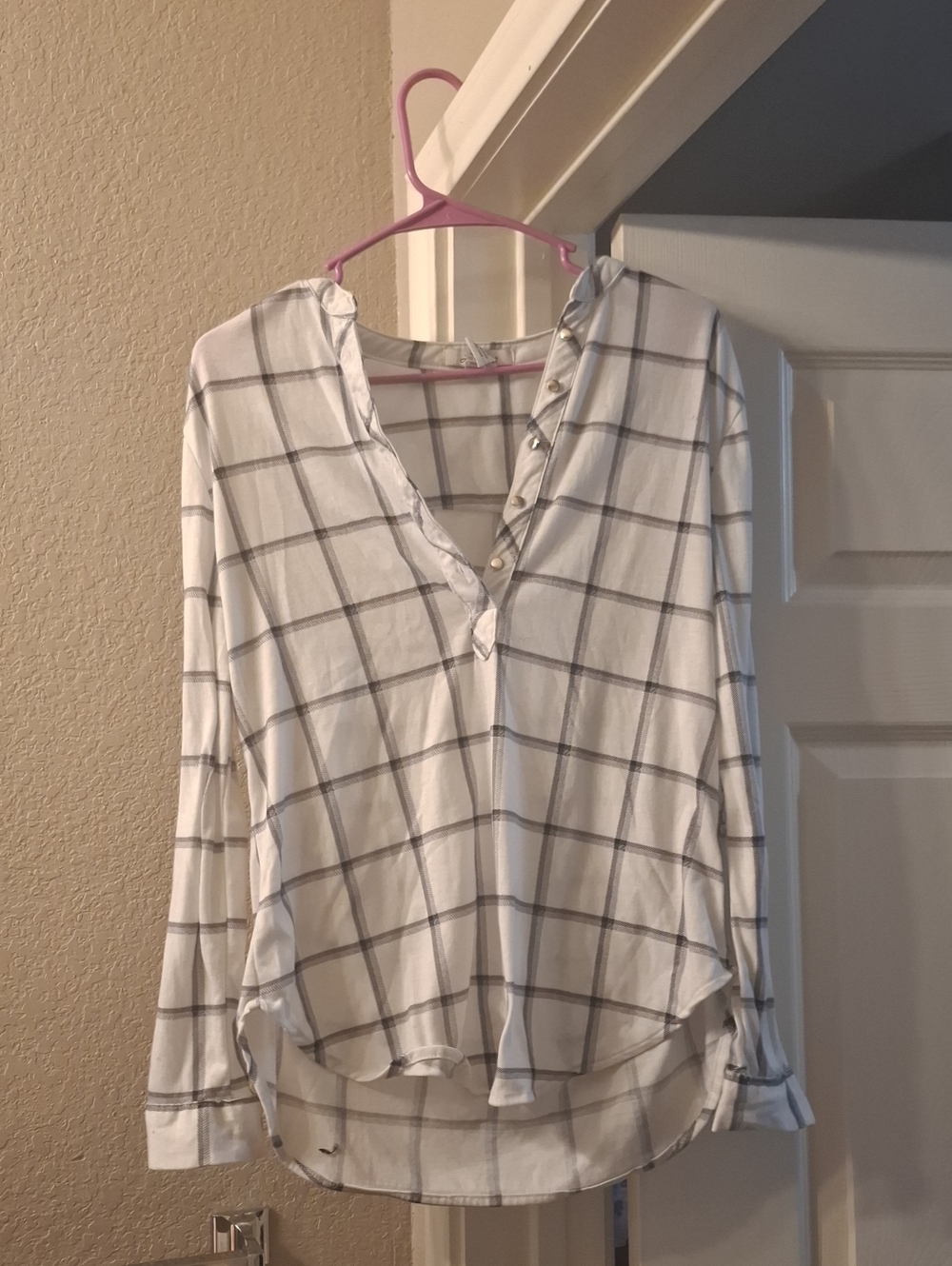 White Windowpane V-Neck Button-Down Shirt